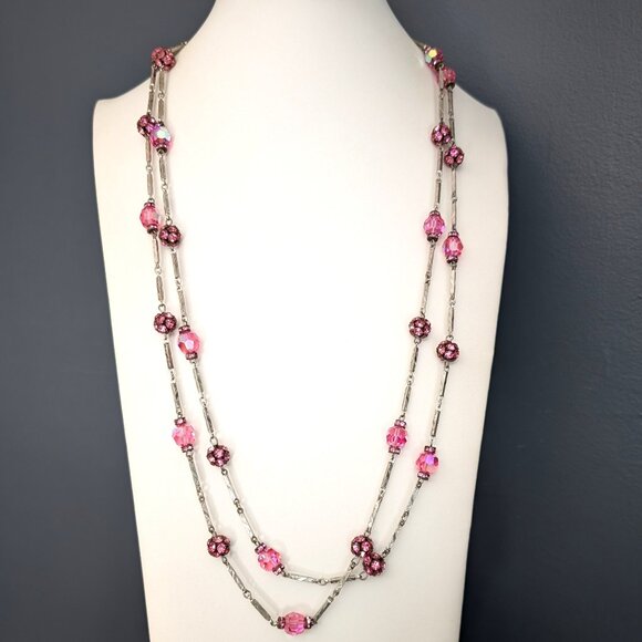 vintage Jewelry - Vintage long single strand pink glass beaded necklace